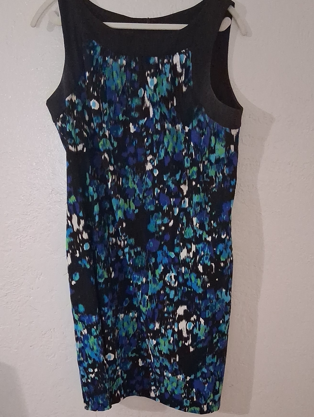AB Studio Black Sleeveless Midi Dress with Blue & Teal Abstract Print